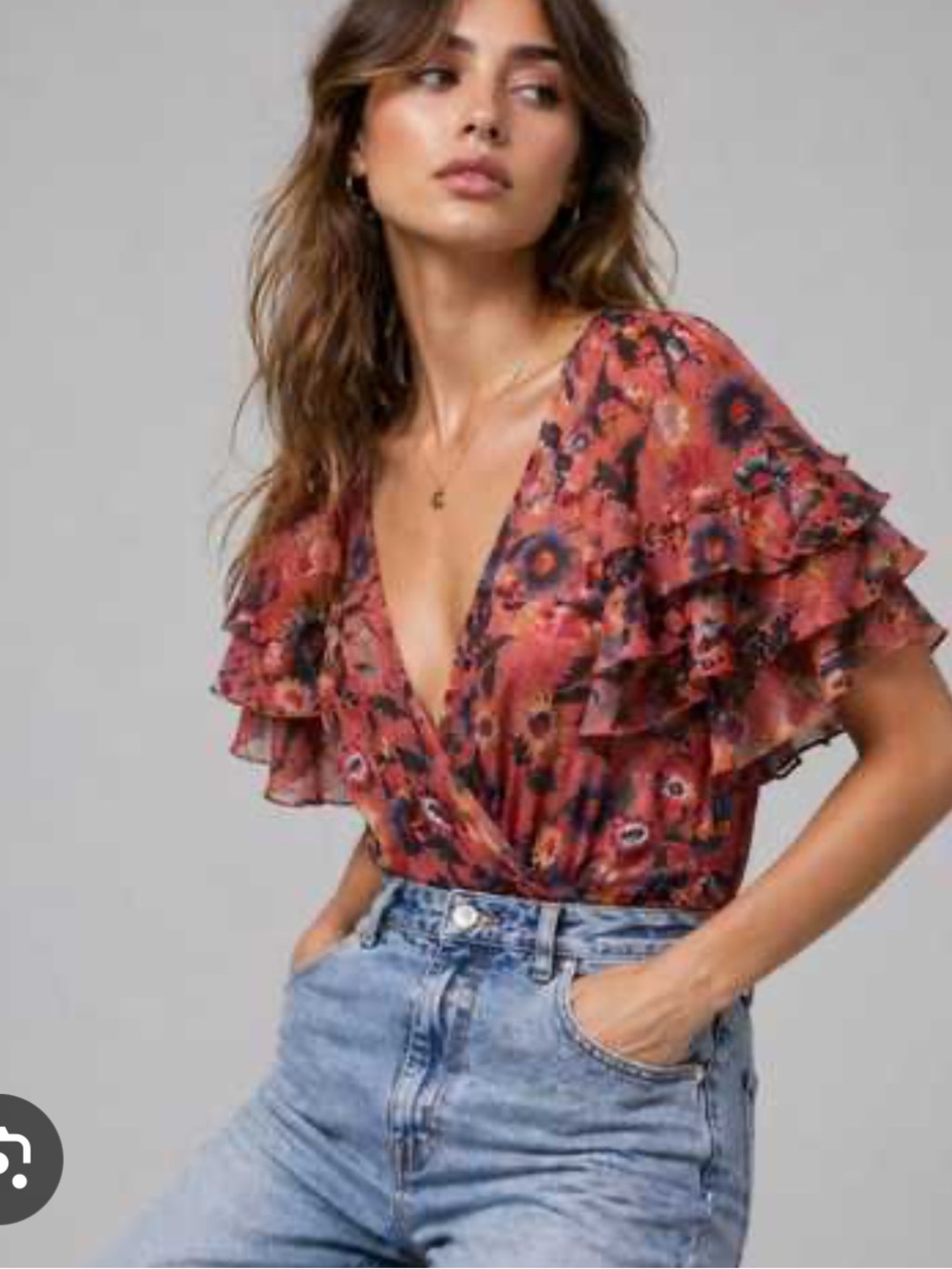 Zara Coral Floral Ruffle Wrap-Style Bodysuit